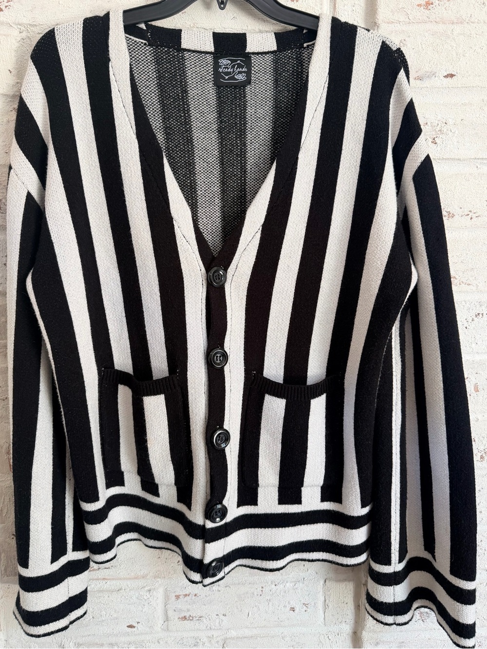 Steady Hands Black & Cream Striped Cardigan Sweater M/L Oversized Button Front